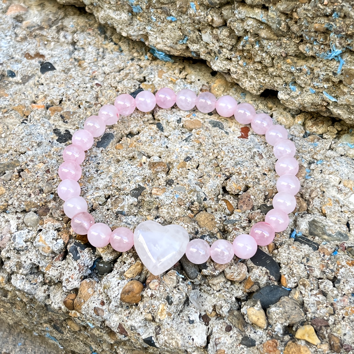 Trendy 6Mm Rose Quartz Heart Beaded Bracelet, Boho Chic